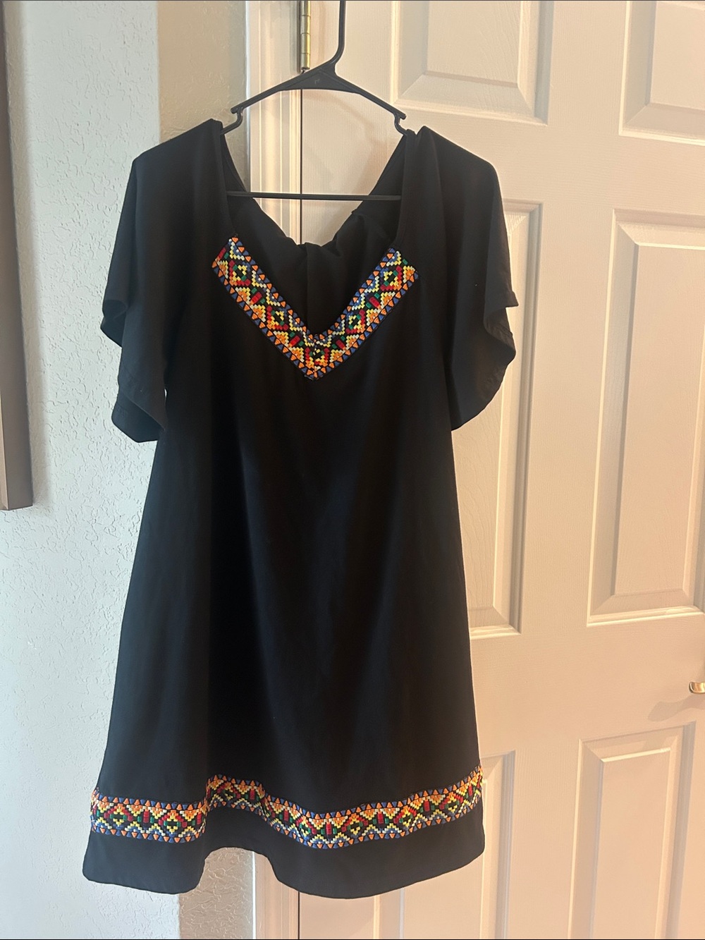 Black Embroidered V-Neck Shift Dress